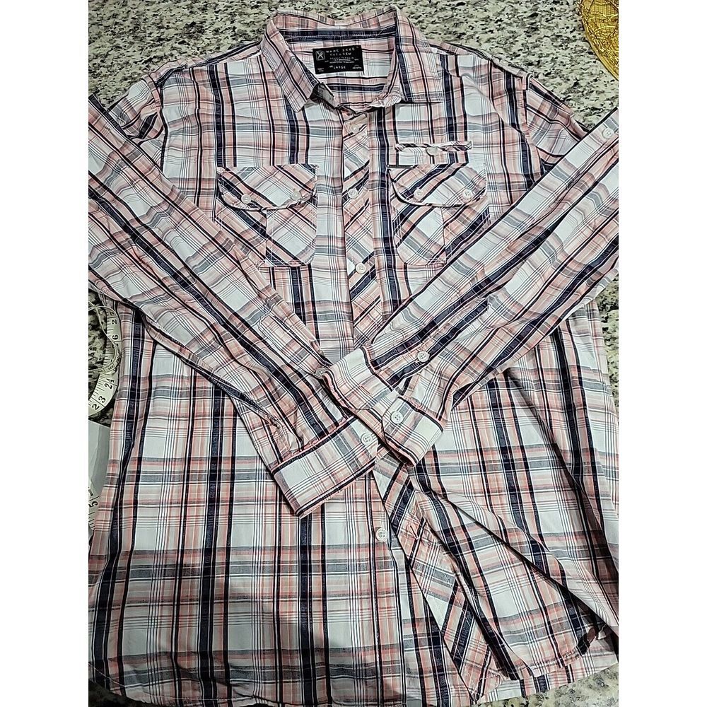 Marc Ecko Cut & Sew Button Up Shirt Mens Lg Pink Black Long Sleeve Cotton